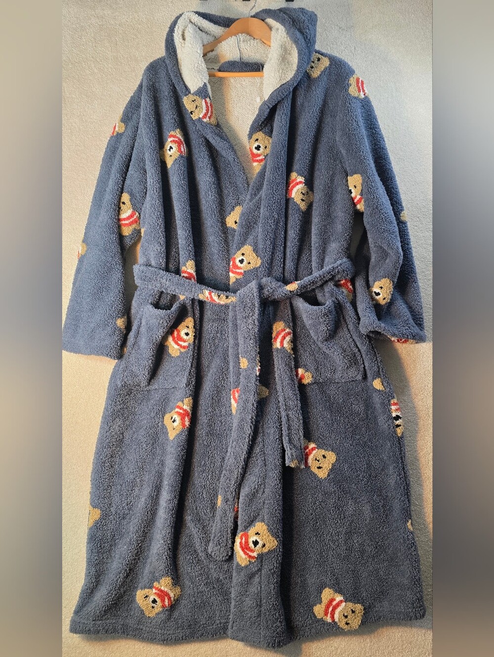 Hooded Teddy Bear Terry Robe Fleece Navy Blue Oversized Cozy Lounge Womens XL